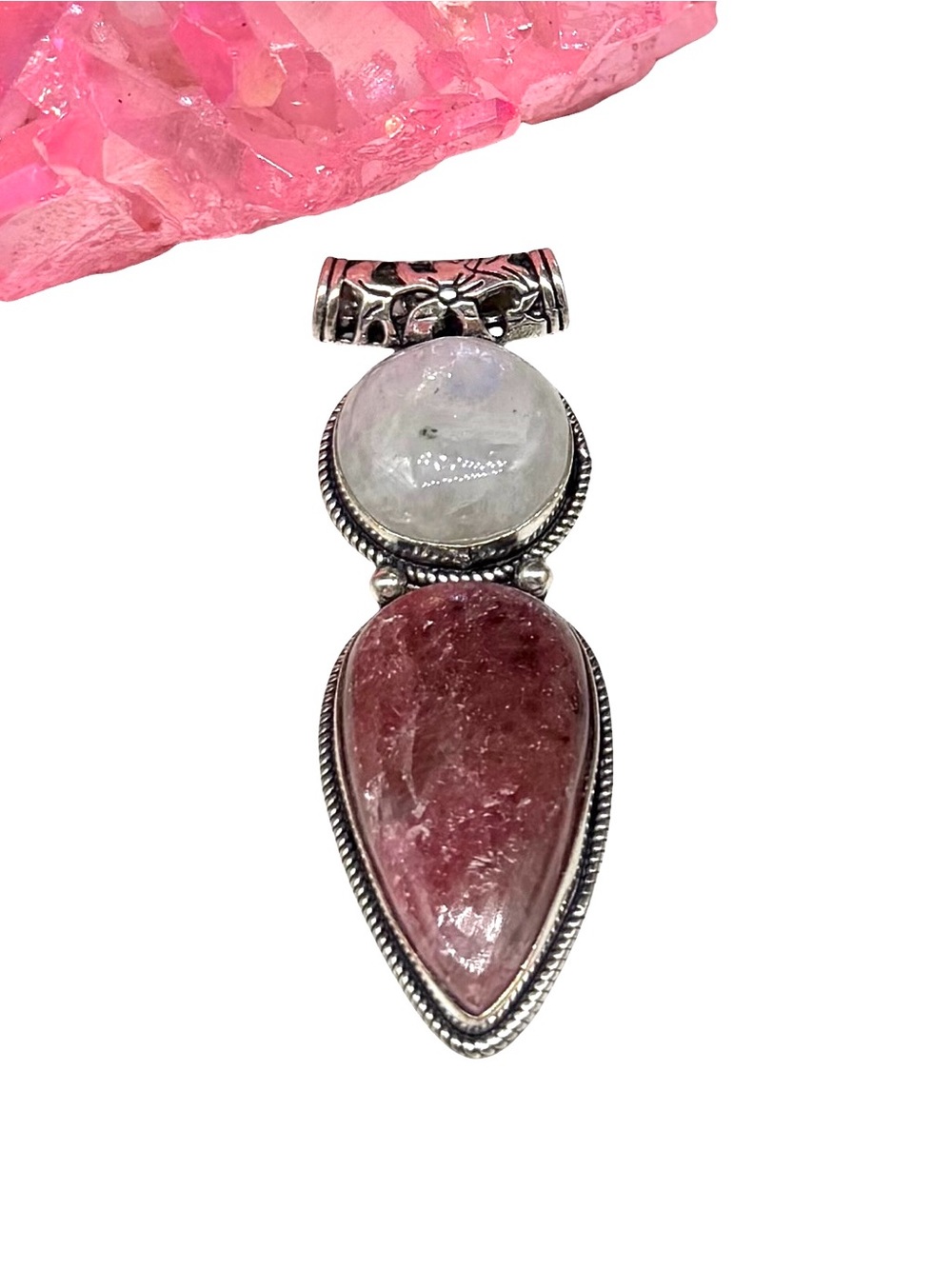 Rhodonite & Rainbow Moonstone Necklace Pendant 925 Sterling Silver Overlay